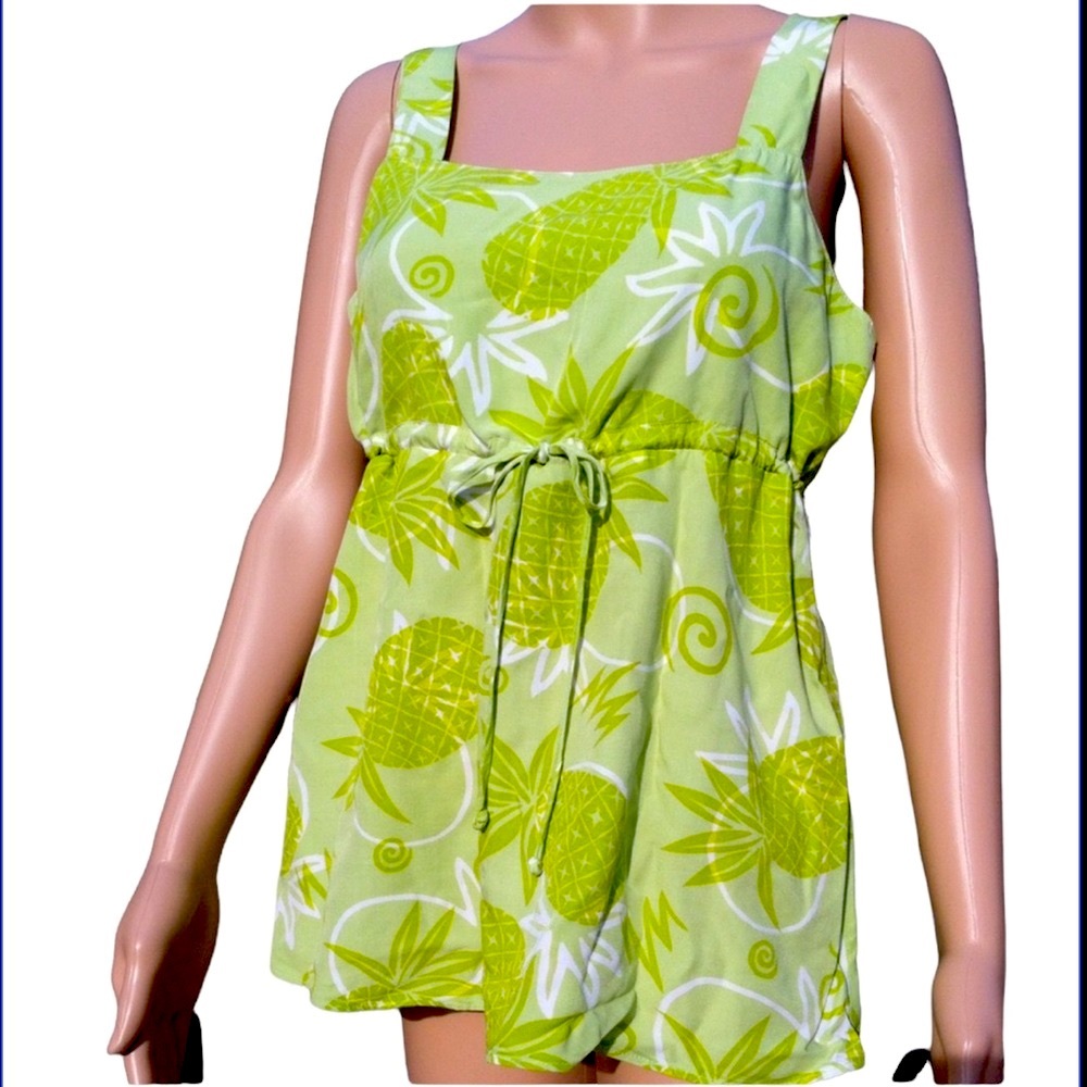 Blue Ginger Hawaii Pineapple Print Tank Top Spring Lime Green Rayon